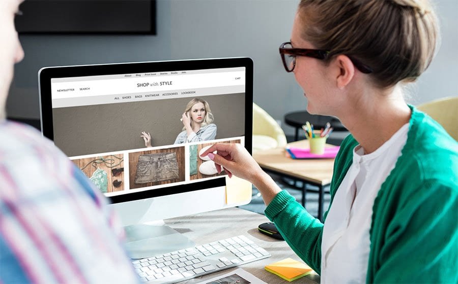 Woman looking at a website image